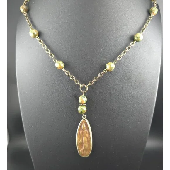 Vntg Tibetan Walking Buddha Amulet Necklace 2 Side Pendant 22" Long Green Stones - Picture 1 of 10